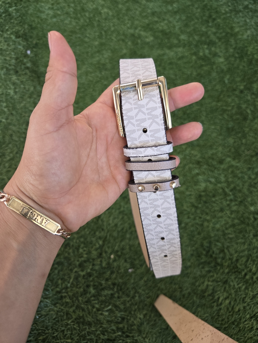 Michael Kors Cream Logo Belt with Gold Buckle